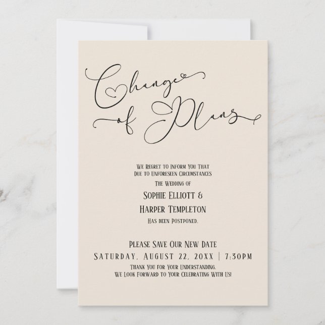Invitation Changement de plans, élégante date de mariage crèm (Devant)