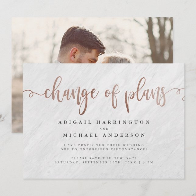Invitation Changement de plans en marbre blanc et or rose (Devant / Derrière)