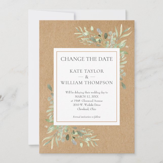Invitation Changement Rustique de la Date Aquarelle Verdure (Devant)