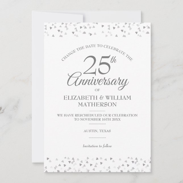 Invitation Changer la date 25e anniversaire Coeurs d'argent (Devant)