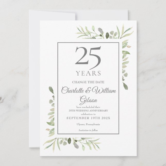 Invitation Changer la date 25e Anniversaire de Mariage en Ver (Devant)