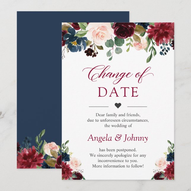 Invitation Changer la date Chic Bourgogne Fleurs Bleues Nuit (Devant / Derrière)