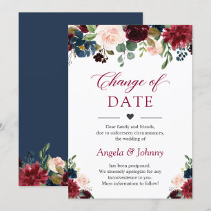 Invitation Changer la date Chic Burgundy Navy Blue Flowers