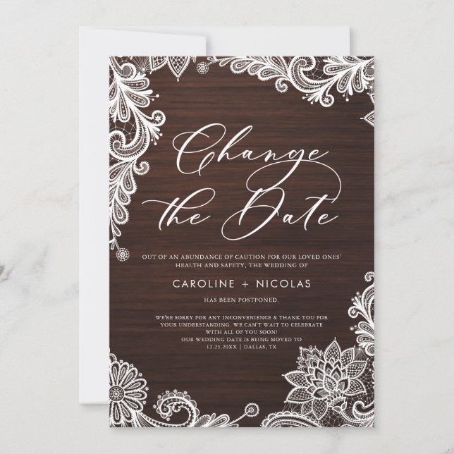Invitation Changer la Date Dentelle Rustique Bois Report (Devant)