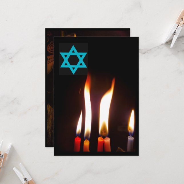 Invitation Chanukah flammes de bougie, Étoile de David Invita (Devant/Arrière en situation)