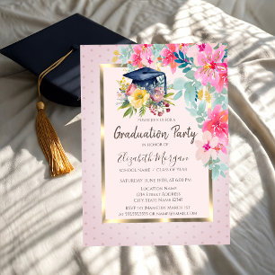 Invitation Chapeau de graduation floral aquarelle points dipl