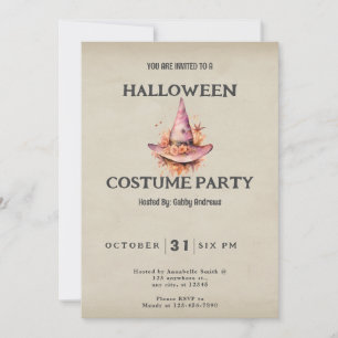 Invitation Chapeau de Sorcière Rose avec Fleurs Halloween Vin