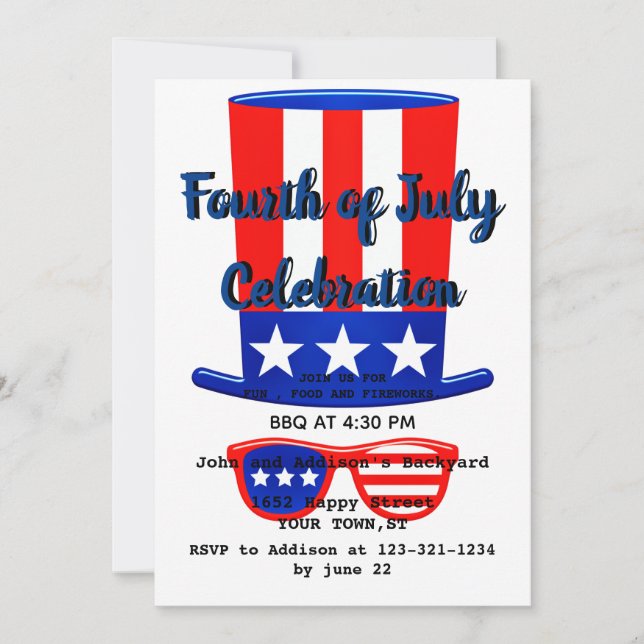 Invitation Chapeau et lunettes de fête du 14 JUILLET (Devant)
