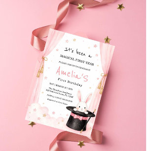 Invitation Chapeau Magique Anniversaire Rose Lapin de Naissan