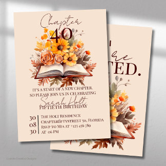 Invitation Chapitre 40 Anniversaire – Livre ouvert avec fleur