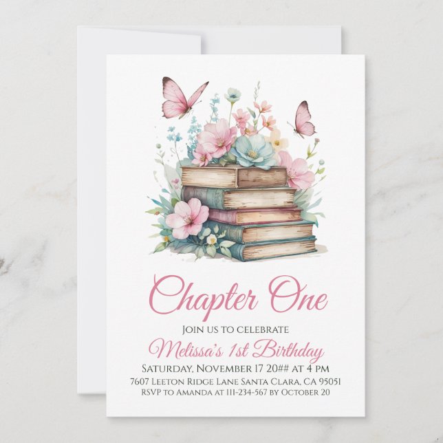 Invitation Chapitre Un 1er Livre de fille Thème Premier anniv (Devant)