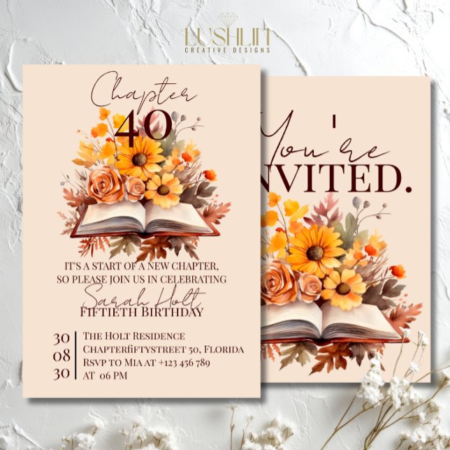 Invitation Chapter 40 Birthday – Open Book with Fall Flowers (Créateur téléchargé)