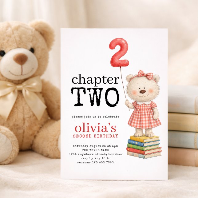 Invitation Chapter Two Teddy Bear Books Girl 2nd Birthday Red (Créateur téléchargé)