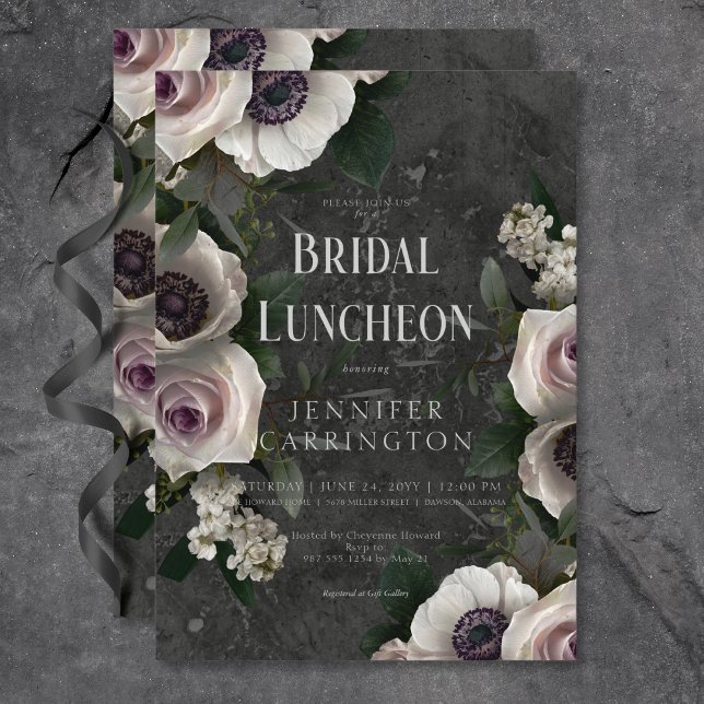 Invitation Charbon foncé Élégant Floral Moderne Déjeuner nupt (Dark Charcoal Elegant Floral Modern Bridal Lunch Invitation)