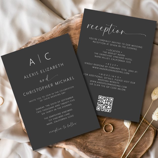 Invitation Charbon gris tout en un Mariage QR Code (Créateur téléchargé)
