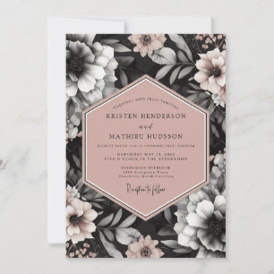 Invitation Charbon Rouge Élégant Mariage Fleurissant