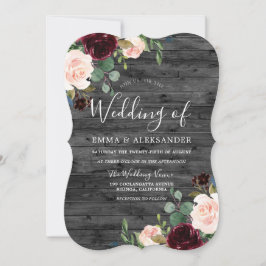 Invitation Charbon Rustique Vin Rouge Floral Bourgogne Mariag