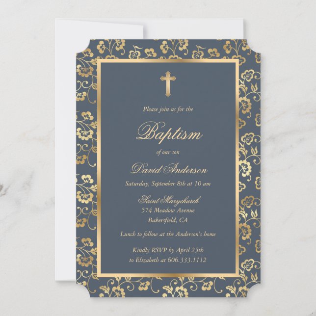 Invitation Charcoal Gold Cross Floral Baptism (Devant)