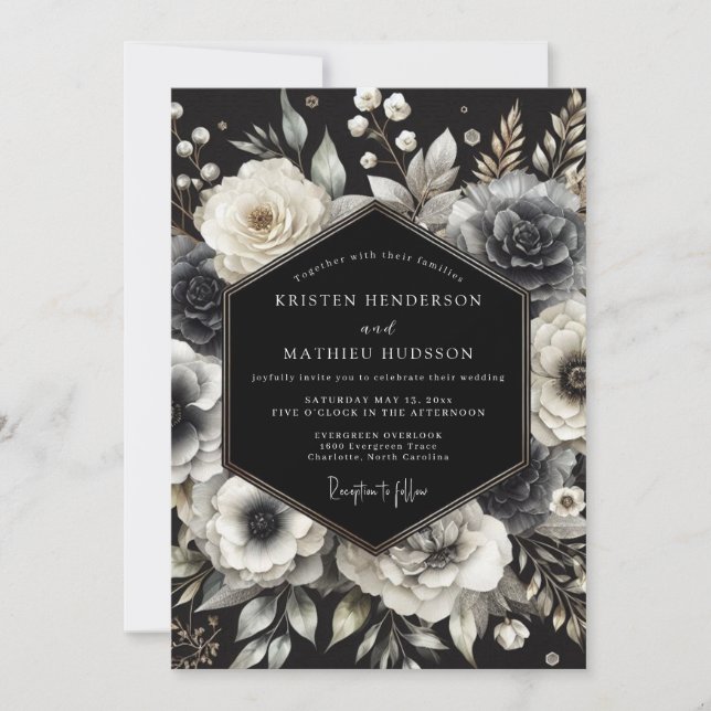 Invitation Charcoal Opulent Bloom Wedding (Devant)