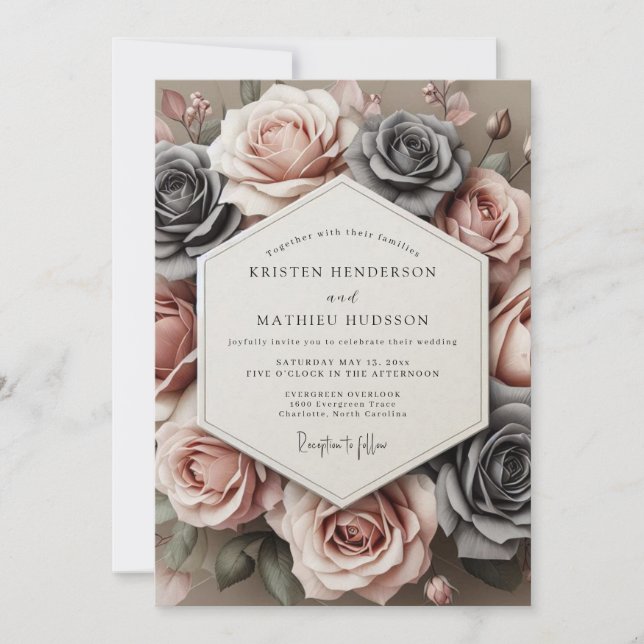 Invitation Charcoal Rose Timeless Bloom Wedding (Devant)