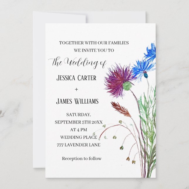 Invitation Chardon Cornflowers Aquarelle Rustique Mariage (Devant)