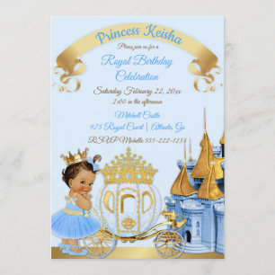 Invitation Chariot de Château de Princesse Royale Bleu Or Fil