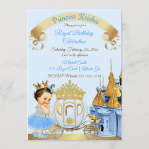 Invitation Chariot de Château de Princesse Royale Bleu Or Fil