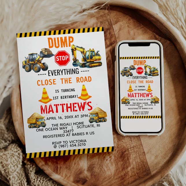 Invitation Chariot de construction 1ère fête d'anniversaire (Créateur téléchargé)