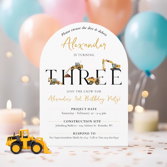 Invitation Chariot de construction 3ème anniversaire de fête  (Cute THREE construction machine dump truck digger 3rd birthday party for a boy, printable)