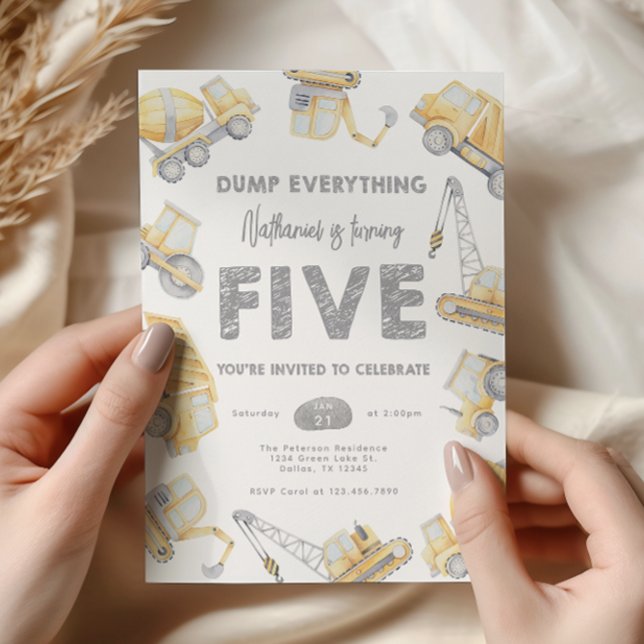 Invitation Chariot de construction CINQ fête de 5e anniversai (Créateur téléchargé)