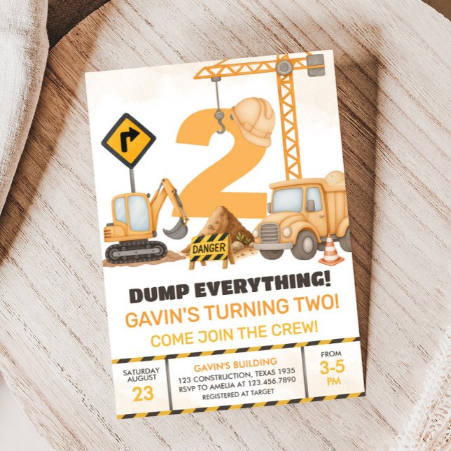 Invitation Chariots de construction 2e fête d'anniversaire (Construction Trucks 2nd Birthday Party Invitation)