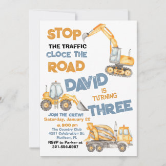 Invitation Chariots de construction 3e fête d'anniversaire