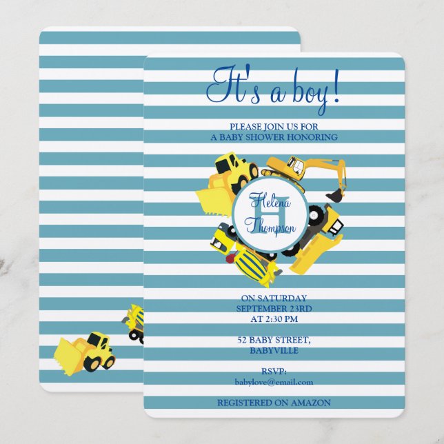 Invitation Chariots de construction Baby shower bébé garçon (Devant / Derrière)