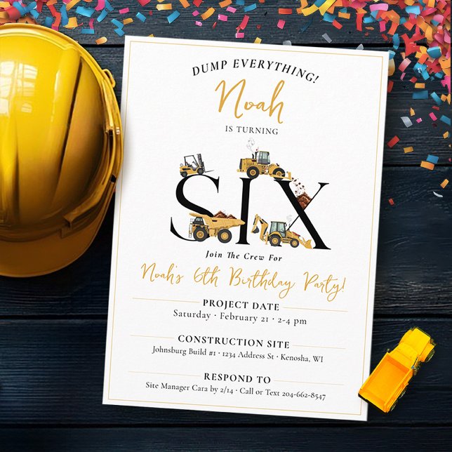 Invitation Chariots de vidange de construction 6e fête d'anni (Cute construction trucks theme funny SIX boys 6th birthday party invitation, dump everything, digger)