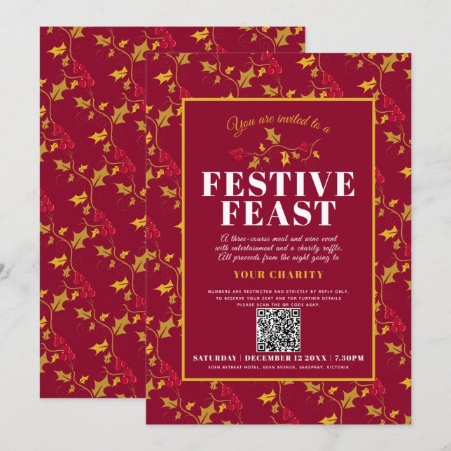 Invitation Charity Festive Fête or rouge Noël dîner (Devant / Derrière)