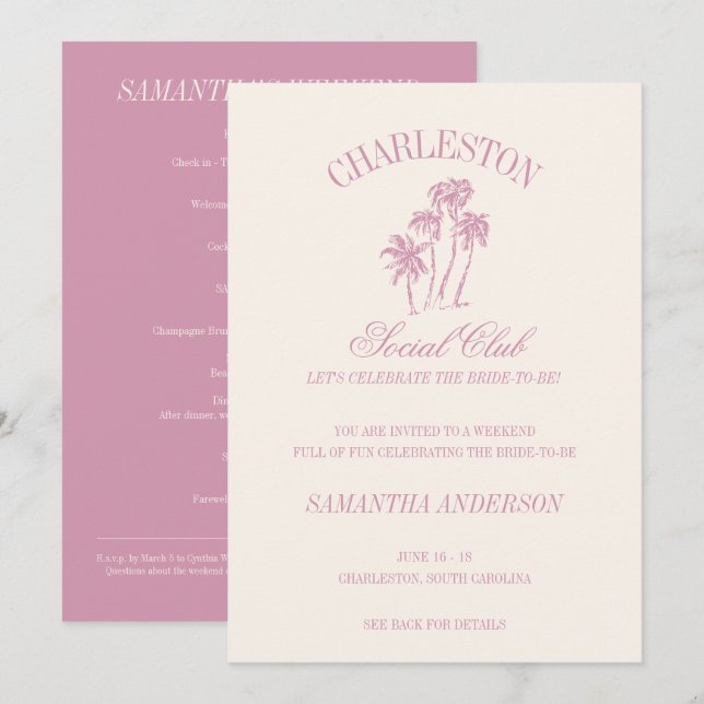 Invitation Charleston Bachelorette Week-end Pink Social Club (Devant / Derrière)