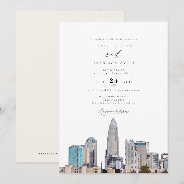 Invitation CHARLOTTE NORTH CAROLINA City Mariage Skyline (Devant / Derrière)
