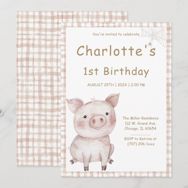 Invitation Charlotte's Web Birthday Party (Devant / Derrière)