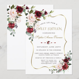 Invitation Charm Aquarelle Blush Floral Gold Frame Sweet 16