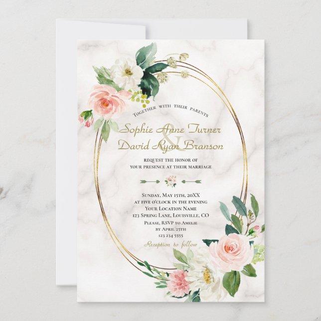 Invitation Charm Blush Cream Flowers Marble Gold Mariage (Devant)