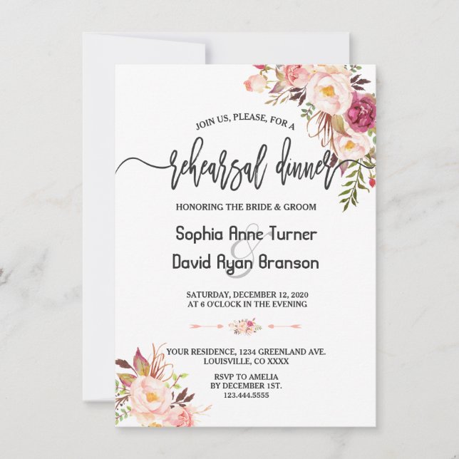 Invitation Charm Blush Red Pink Floral Dîner de répétition (Devant)
