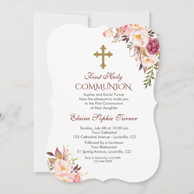 Invitation Charm Blush Rose Floral Première Communion Sainte (Devant)