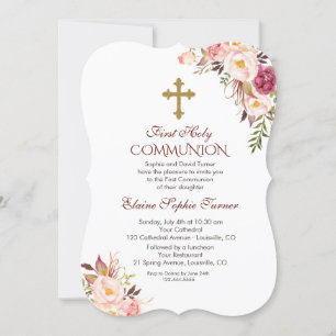 Invitation Charm Blush Rose Floral Première Communion Sainte
