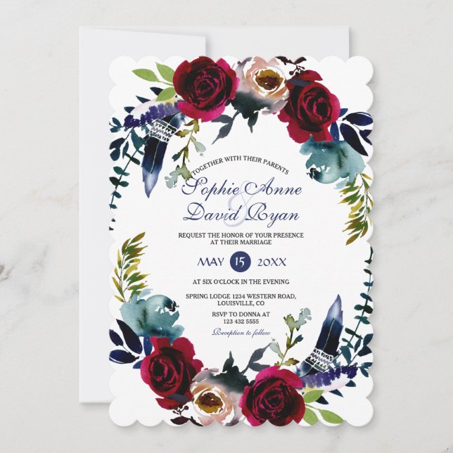 Invitation Charm Boho Floral Marsala Marine Mariage bleu (Devant)