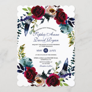 Invitation Charm Boho Floral Marsala Marine Mariage bleu