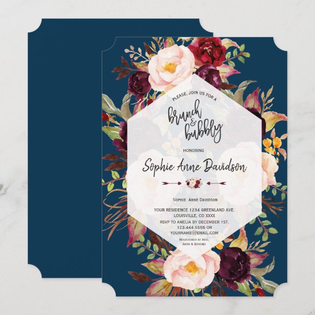 Invitation Charm Bourgogne Floral Brunch géométrique et Bubbl (Devant / Derrière)