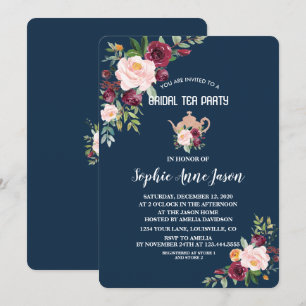 Invitation Charm Bourgogne Floral Navy Fête des mariées Tea P