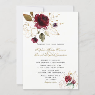 Invitation Charm Bourgogne Gold Flowers Monogramme Mariage