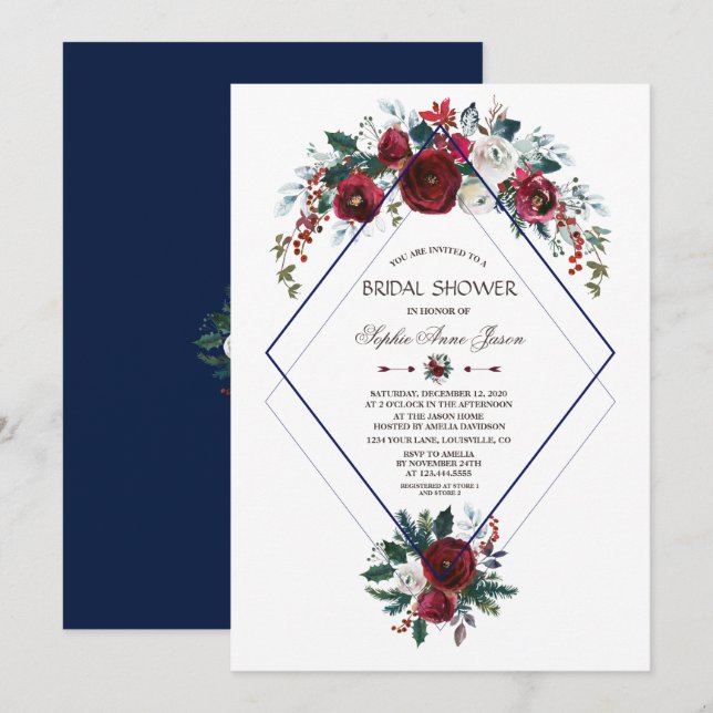 Invitation Charm Burgundy Floral Navy Fête des mariées bleue (Devant / Derrière)