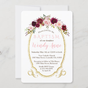 Invitation Charm Burgundy Marsala Floral Gold Baptism Invitat